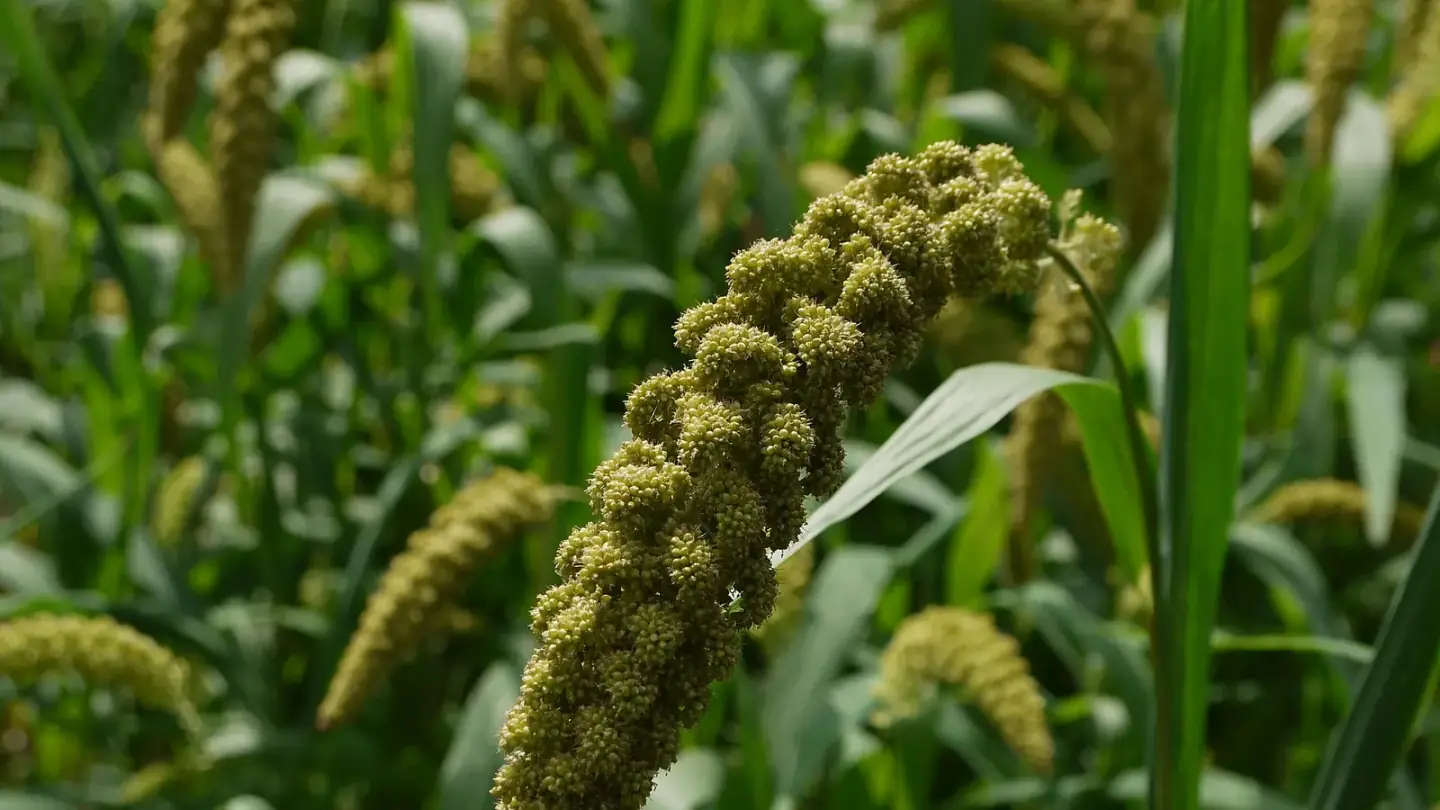 Foxtail Millet (Setaria italica) growing in conditions that show its characteristic leaves, stems, flowers, or harvest organ