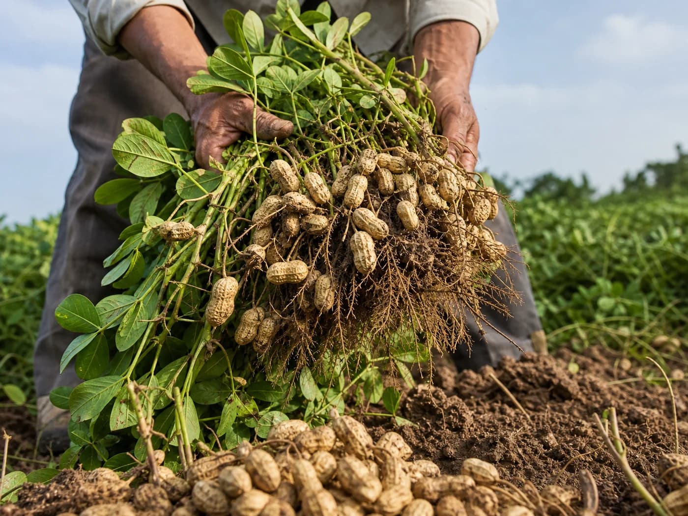 Peanut (Arachis hypogaea) growing in conditions that show its characteristic leaves, stems, flowers, or harvest organ