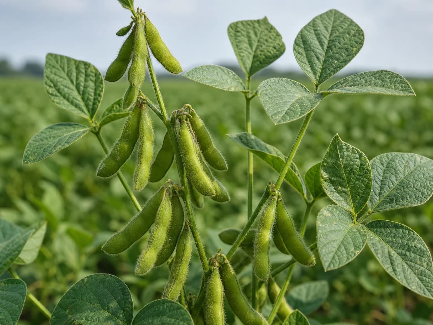 Soybean (Glycine max) growing in conditions that show its characteristic leaves, stems, flowers, or harvest organ