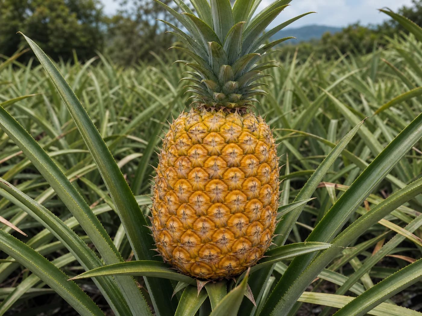 Pineapple (Ananas comosus) growing in conditions that show its characteristic leaves, stems, flowers, or harvest organ