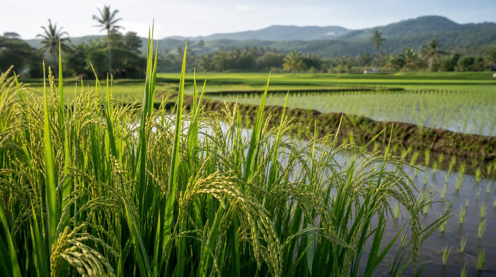 Healthy green rice plants forming grain panicles in a level Indonesian paddy field