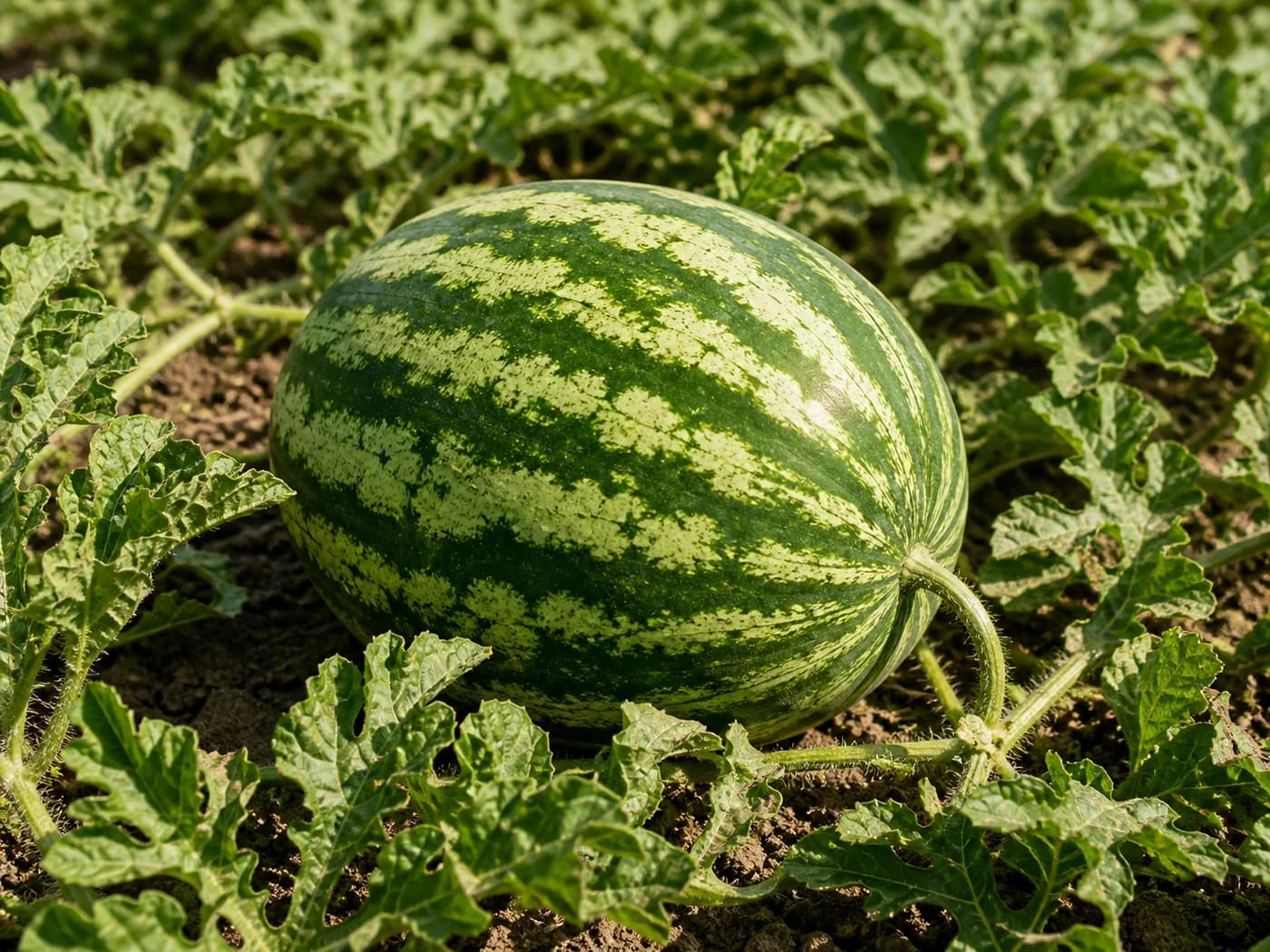 Watermelon (Citrullus lanatus) growing in conditions that show its characteristic leaves, stems, flowers, or harvest organ