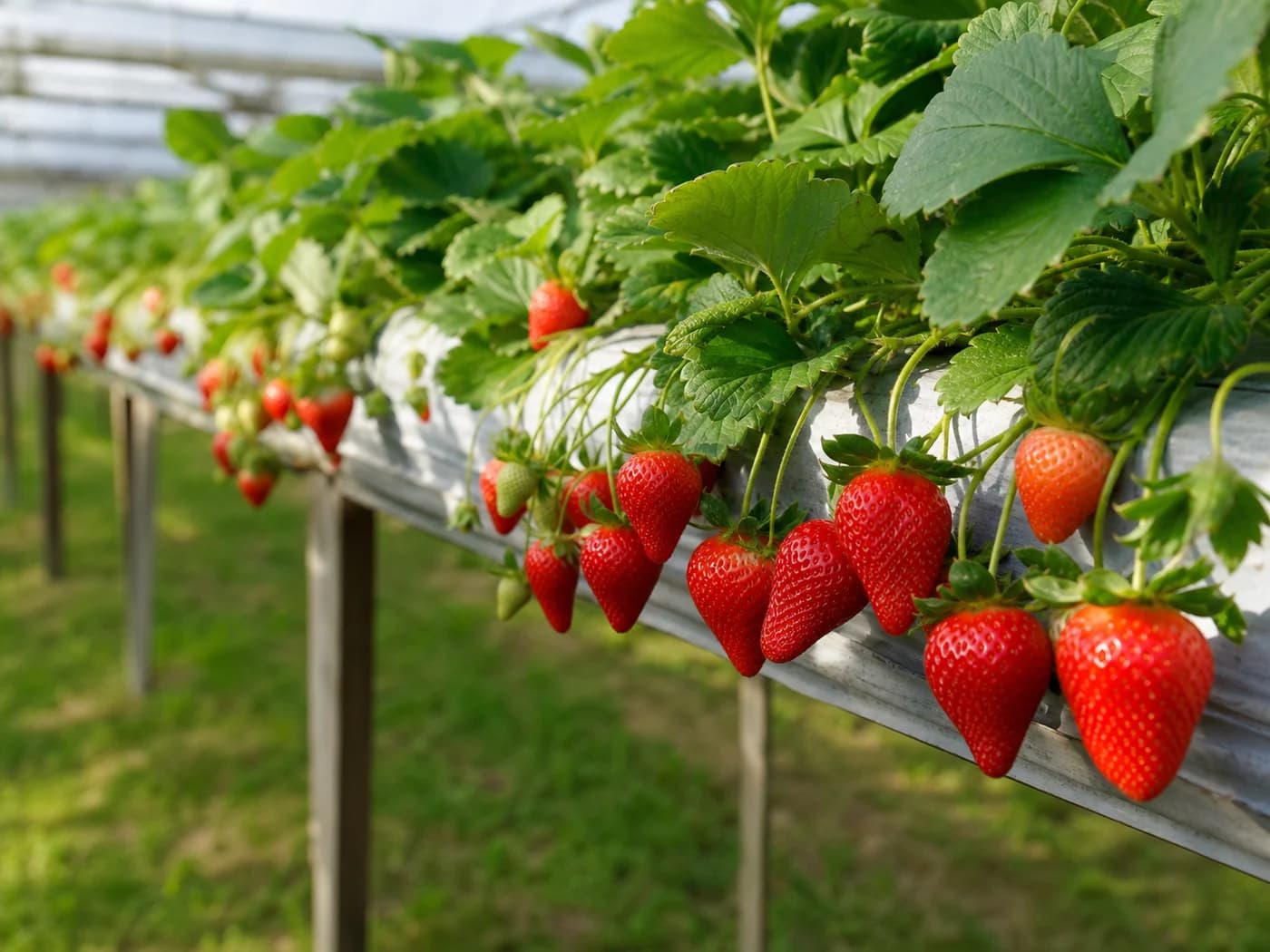 Strawberry (Fragaria × ananassa) growing in conditions that show its characteristic leaves, stems, flowers, or harvest organ