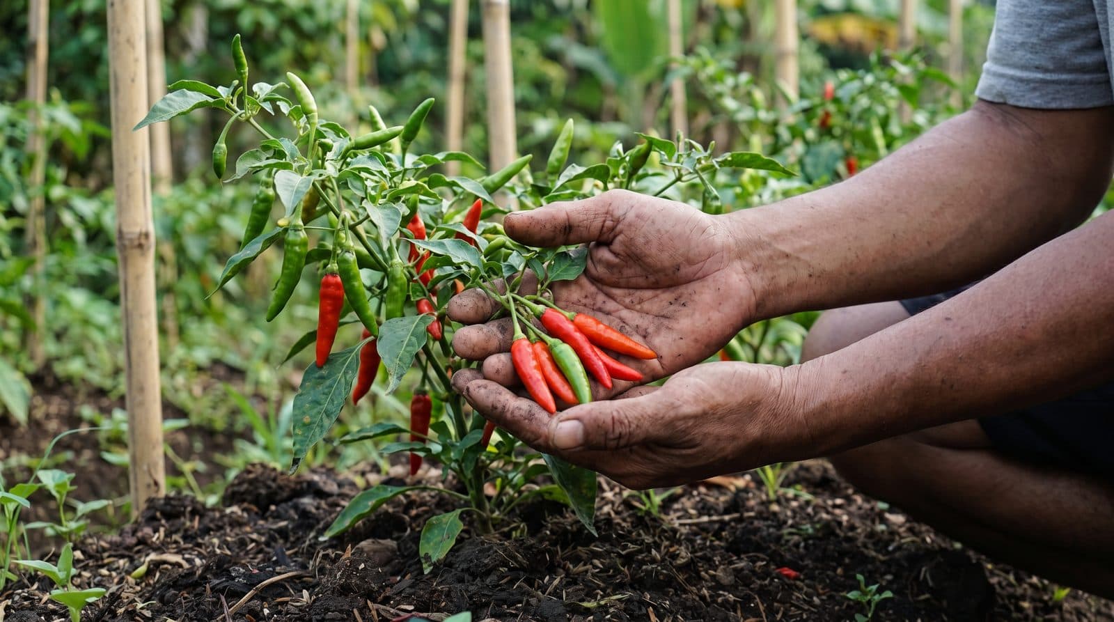 Healthy red and green chili peppers growing among dense leaves in an Indonesian vegetable bed