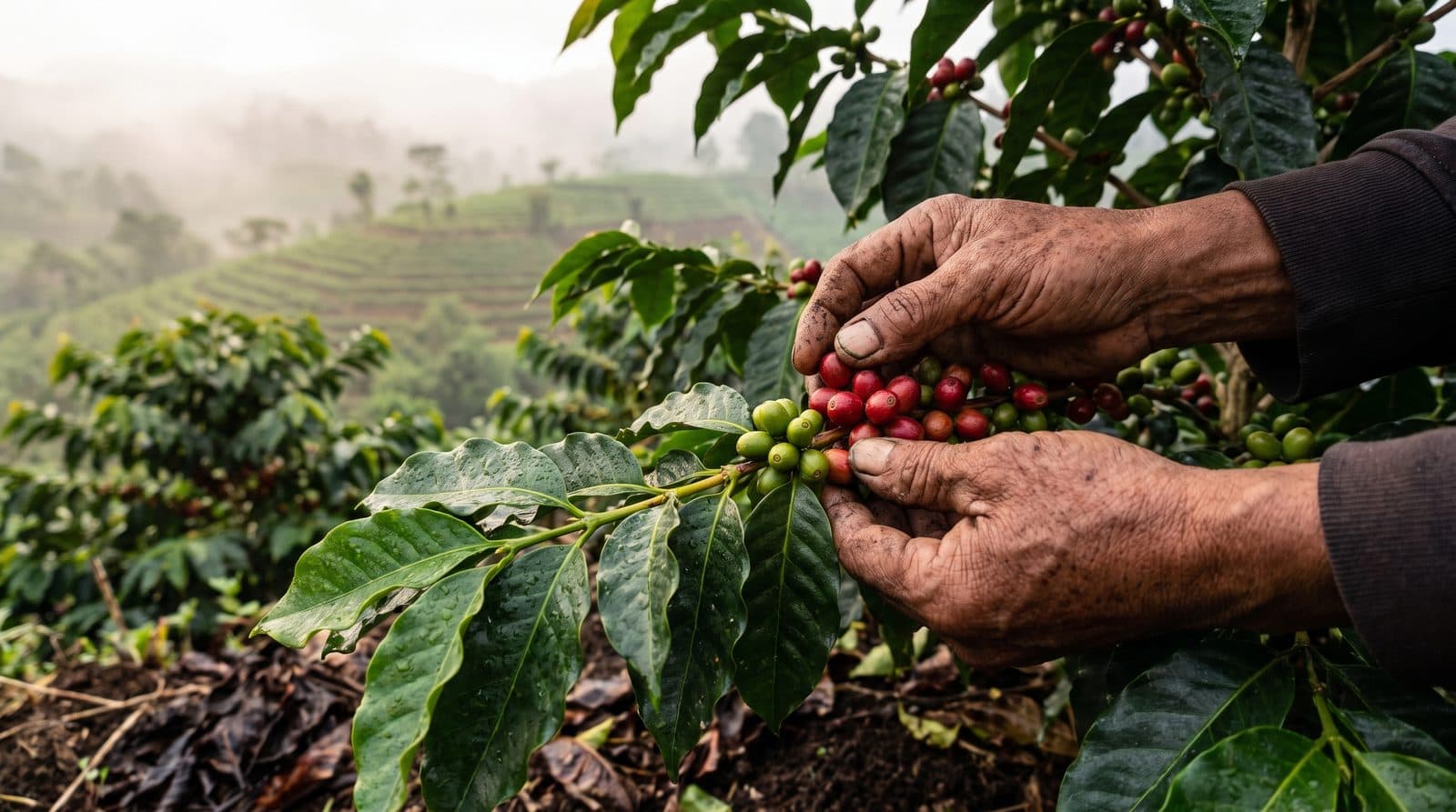 Ripe red coffee cherries and green leaves on a coffee branch in an Indonesian highland plantation