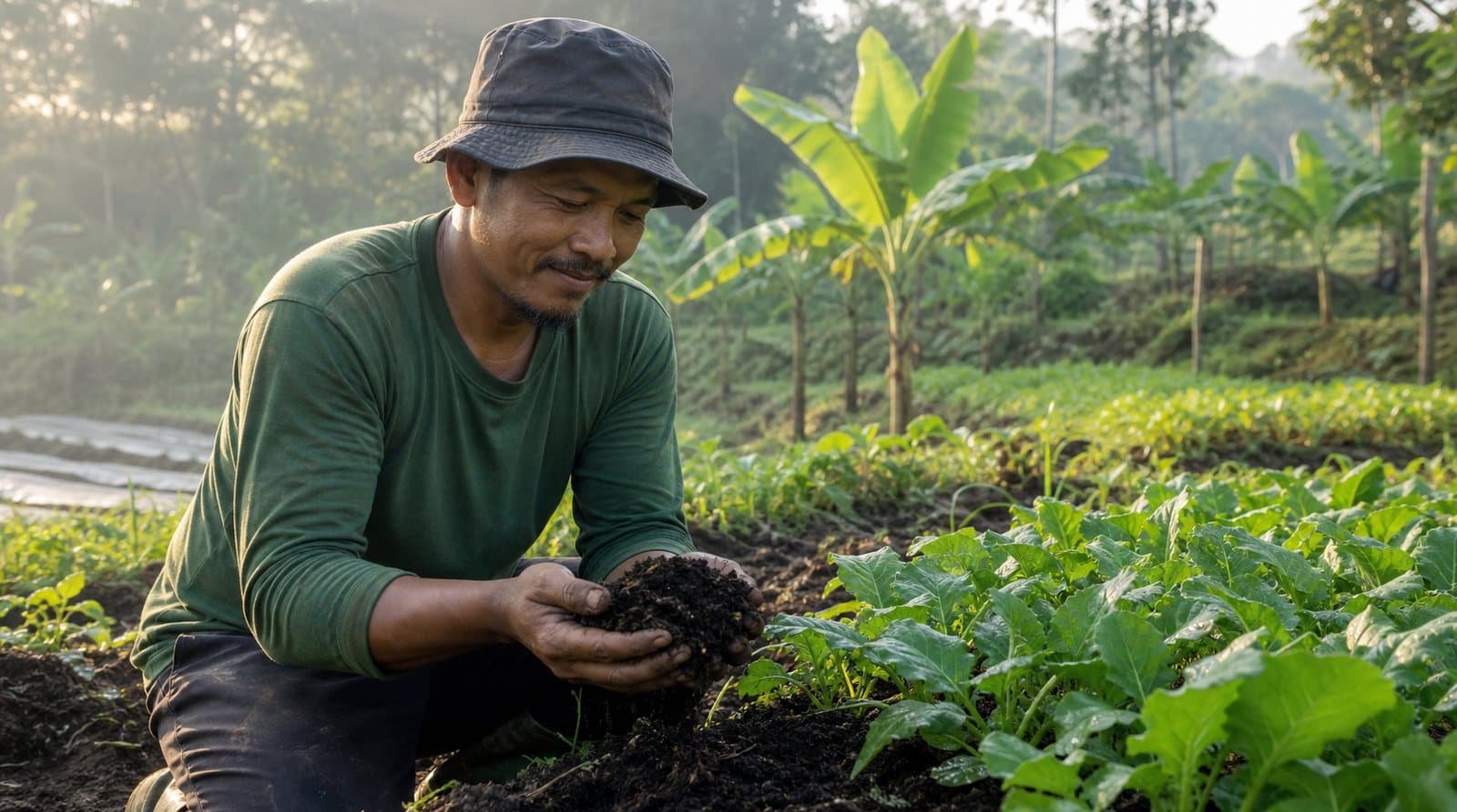 An Indonesian farmer holding dark, crumbly organic soil beside a healthy tropical vegetable field in morning light