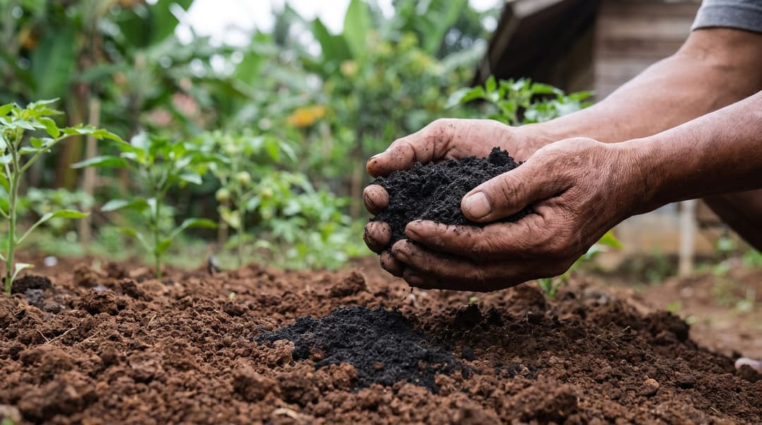 An Indonesian farmer's hands holding fine dark Bat Guano fertilizer above a tilled garden bed in morning light