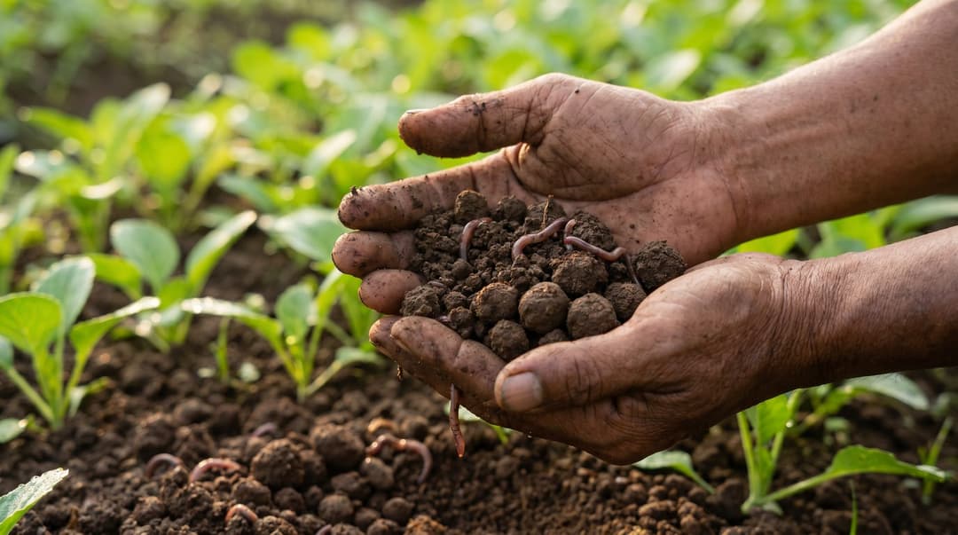 Indonesian smallholder farmer's hands holding dark, crumbly healthy soil with visible earthworms in a tropical garden bed at sunrise.