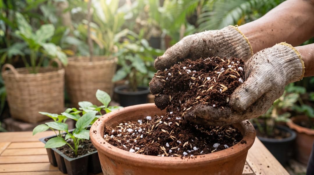 Gardener's hands filling a terracotta pot with coco-based growing media mixed with rice husk and perlite