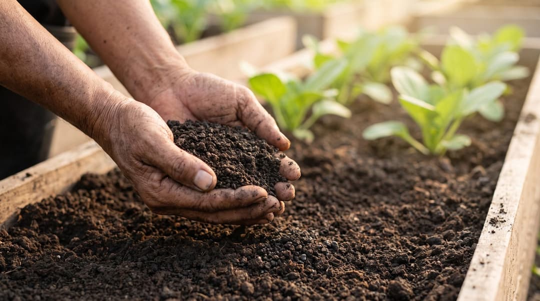 A smallholder farmer's hands holding dark organic 5-5-5 fertilizer granules over garden soil with green seedlings behind.
