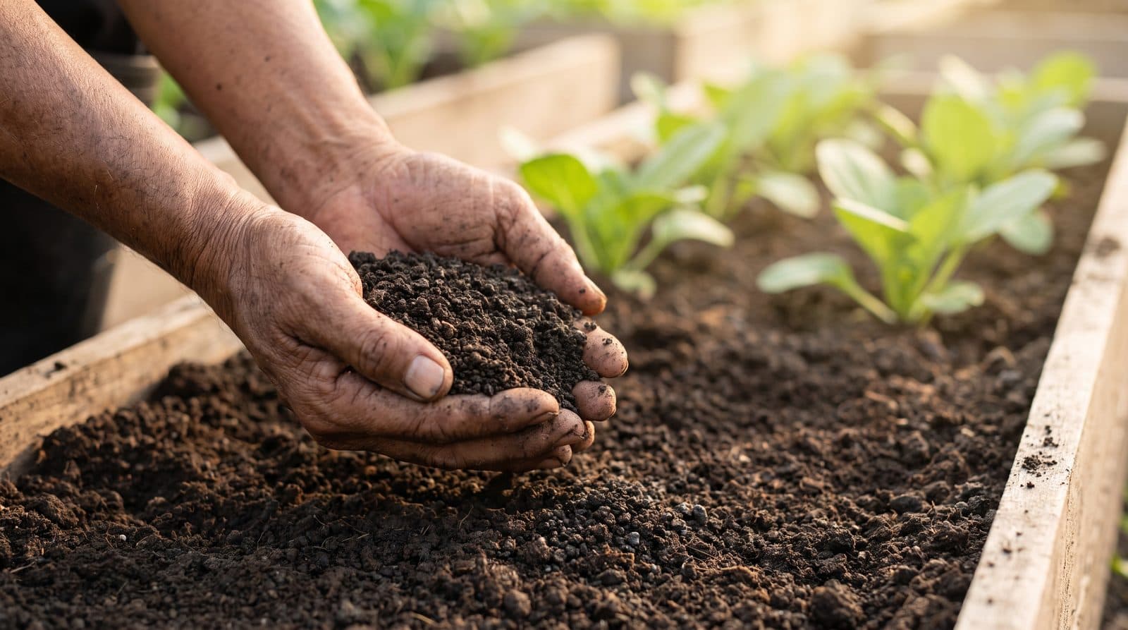 A smallholder farmer's hands holding dark organic 5-5-5 fertilizer granules over garden soil with green seedlings behind.