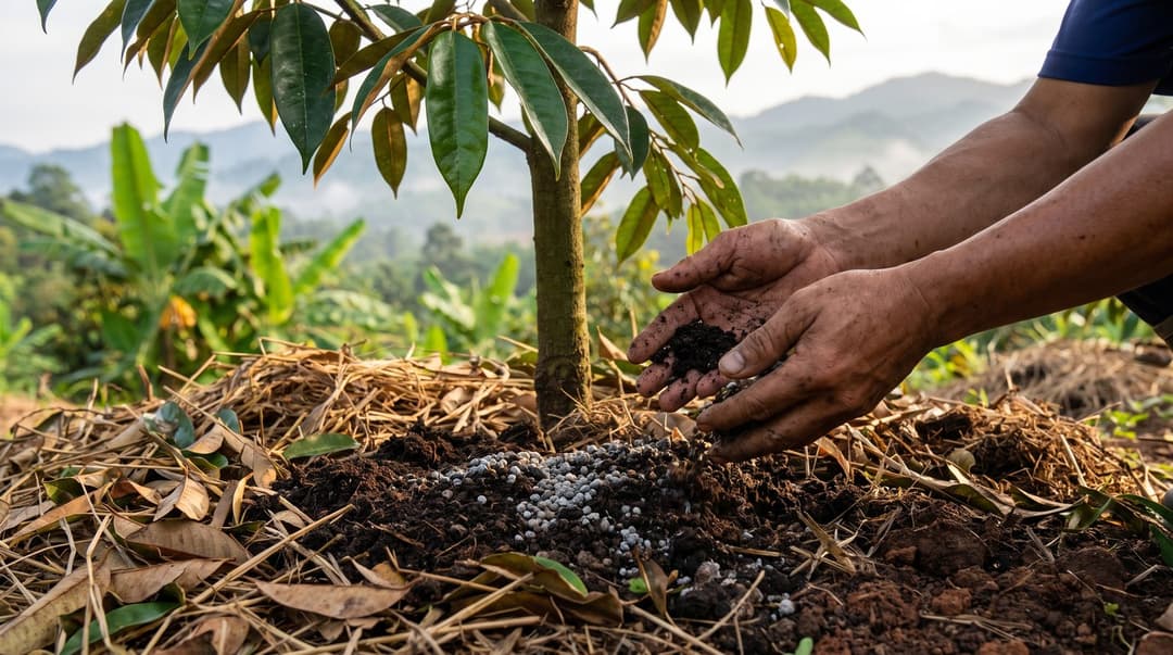 A farmer's hands spreading organic compost and guano fertilizer around the base of a young durian tree in an Indonesian smallholder orchard.