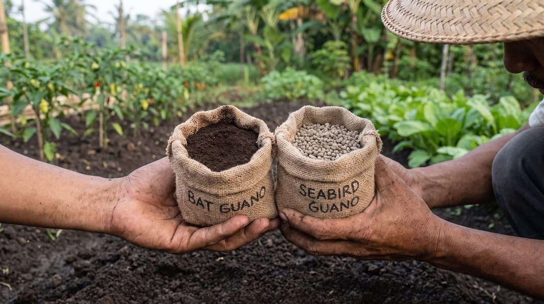 Two hands holding open pouches of dark Bat Guano powder and lighter Seabird Guano pellets above a tilled Indonesian garden bed in morning light.