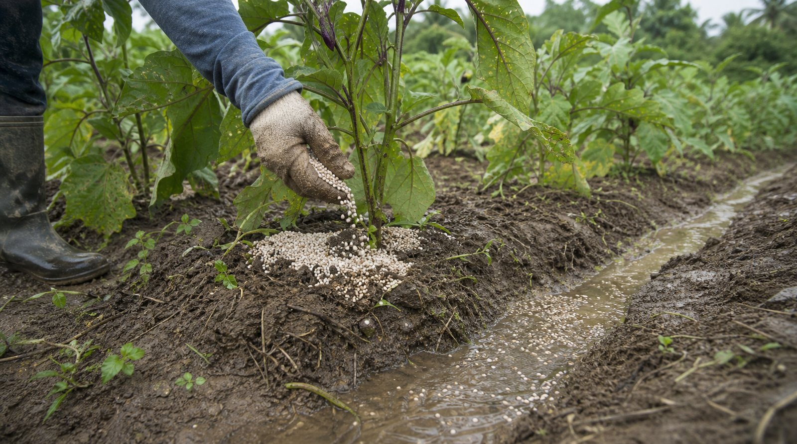 An excessive concentration of mineral fertilizer granules beside a vegetable plant after rain, with some granules entering a runoff channel