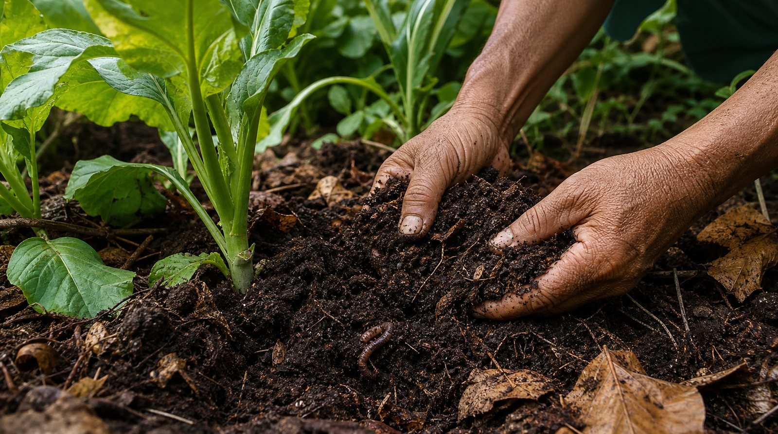 Farmer hands incorporating mature compost into dark, crumbly soil around healthy vegetable roots