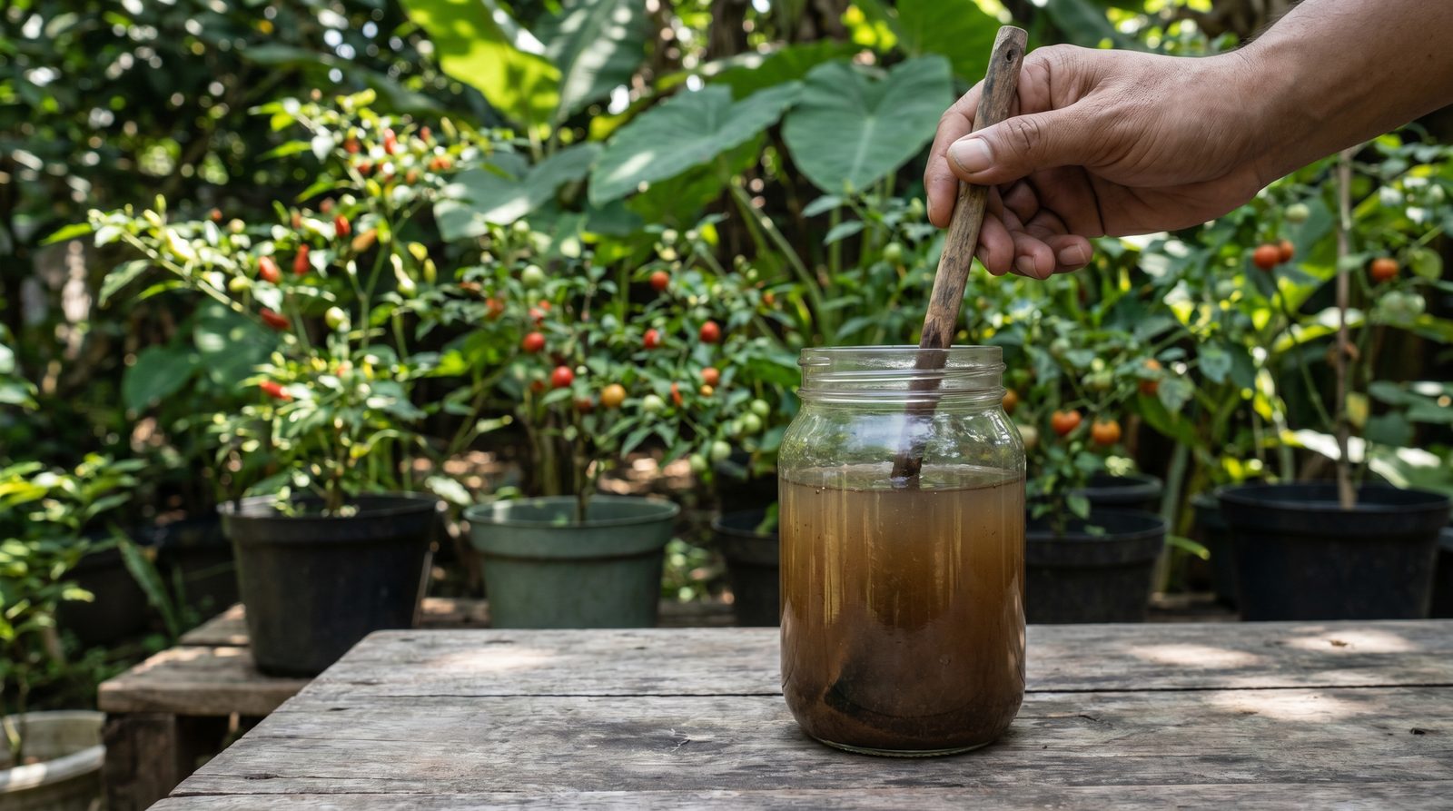 Dark Bat Guano tea steeping in a glass jar of water being stirred, with potted plants in the background