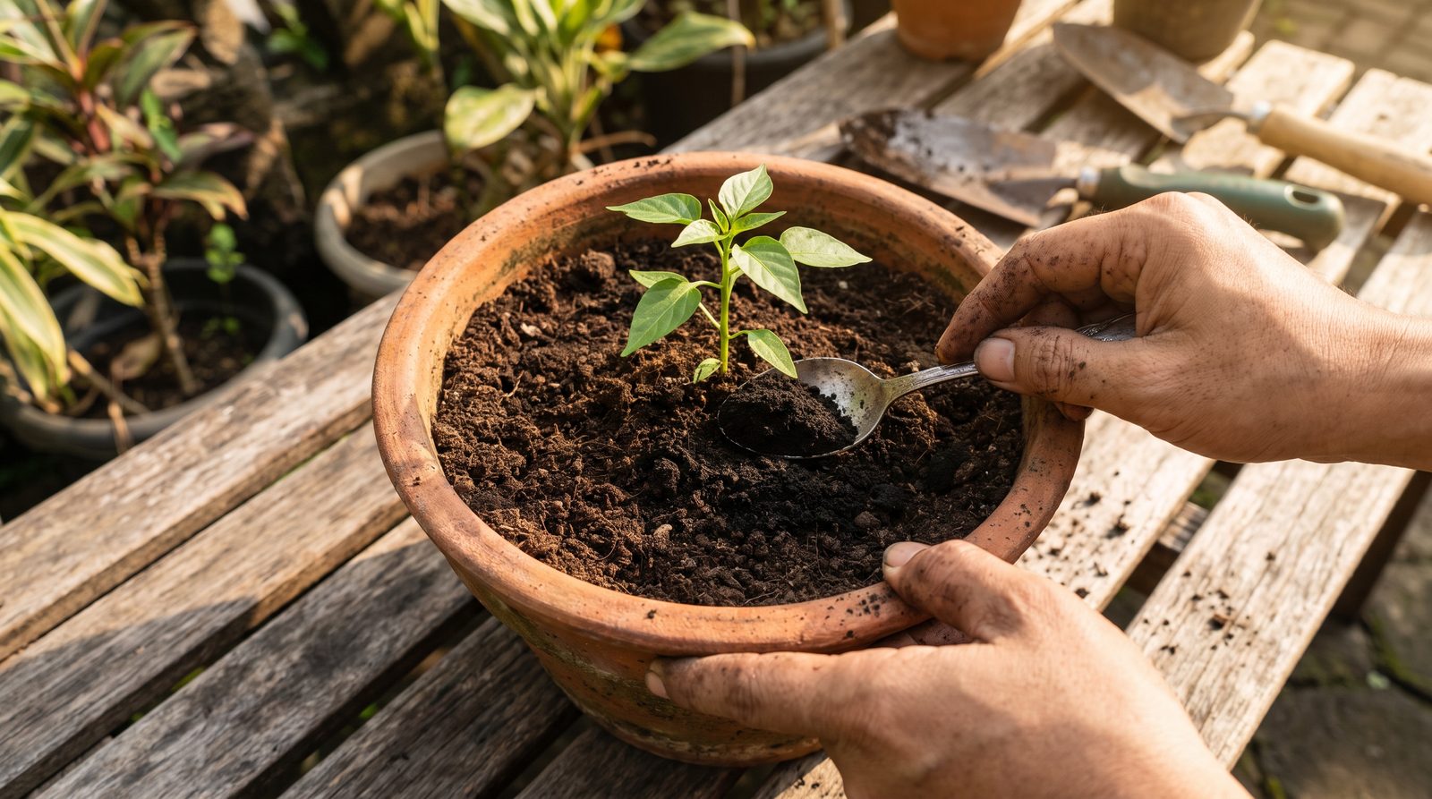 A tablespoon of Bat Guano being mixed into the soil of a potted chilli seedling