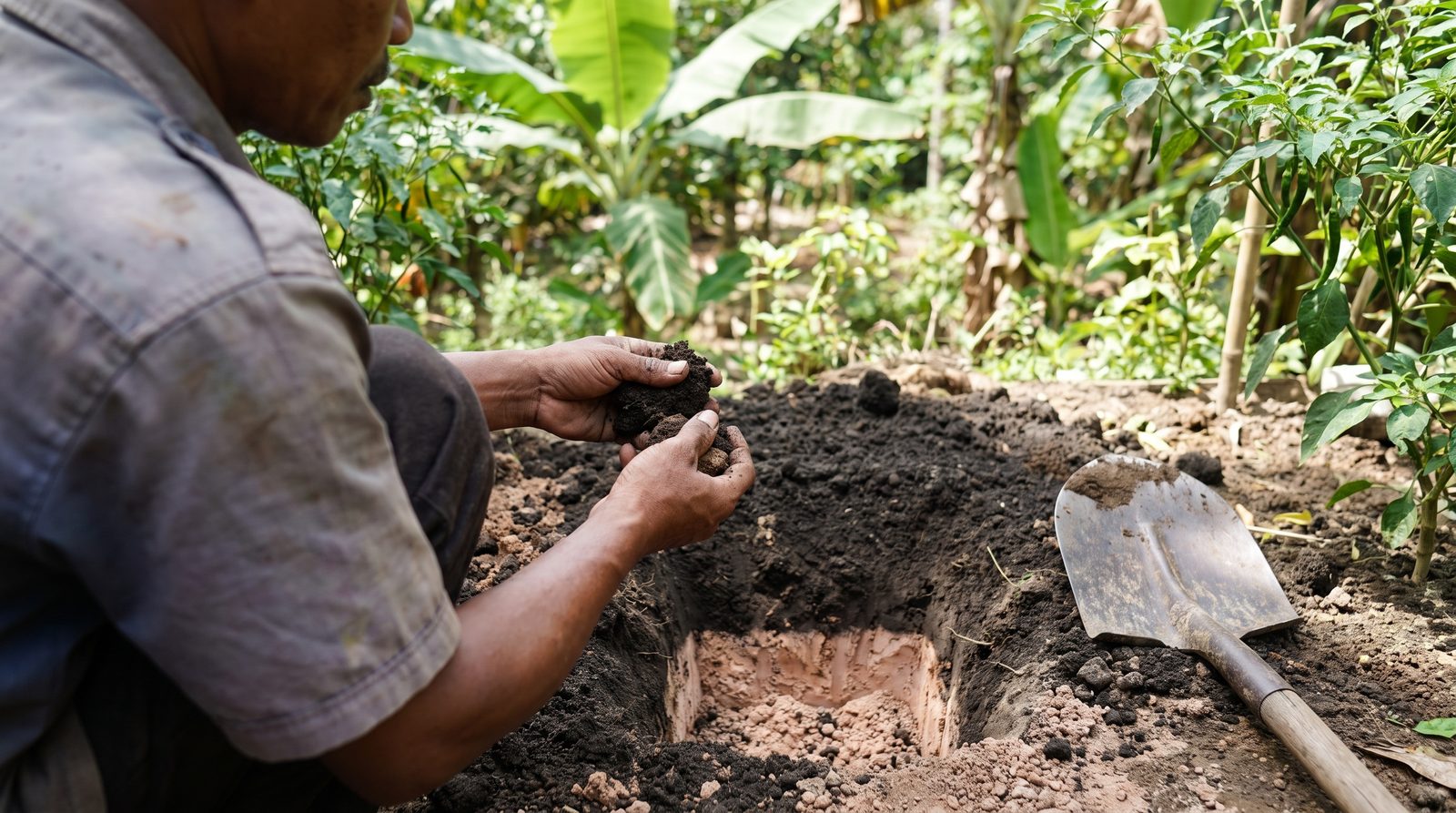 A spade-deep hole in a garden bed showing a soil profile with dark topsoil over a paler compacted layer, inspected by a farmer.