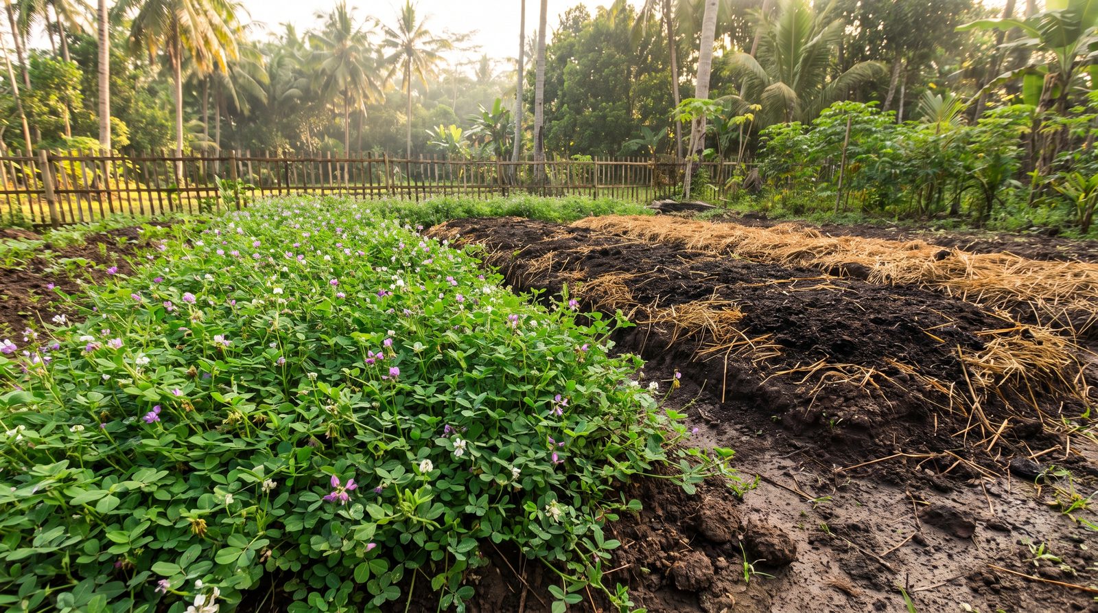 A dense green legume cover crop beside a freshly mulched garden bed in an Indonesian smallholder plot under afternoon light.