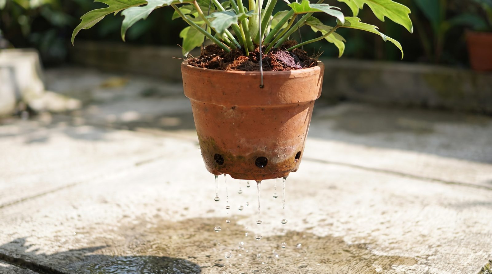 Water draining freely from the holes at the bottom of a freshly watered terracotta pot