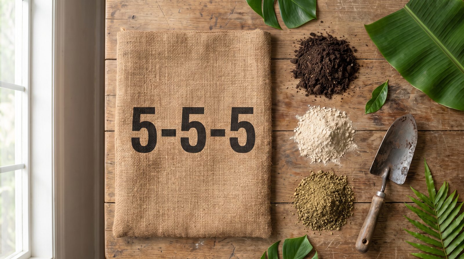 An organic fertilizer label reading 5-5-5 beside small piles of manure, guano, and plant meal on a wooden table.