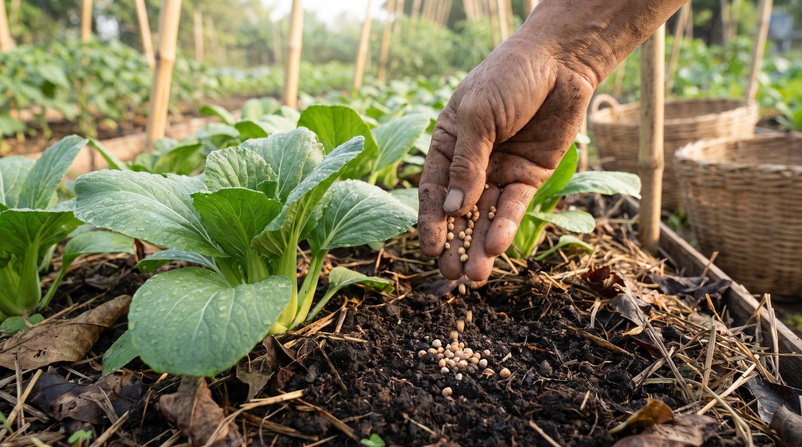 A gardener sprinkling a light handful of organic 5-5-5 granules around the base of a leafy vegetable plant.