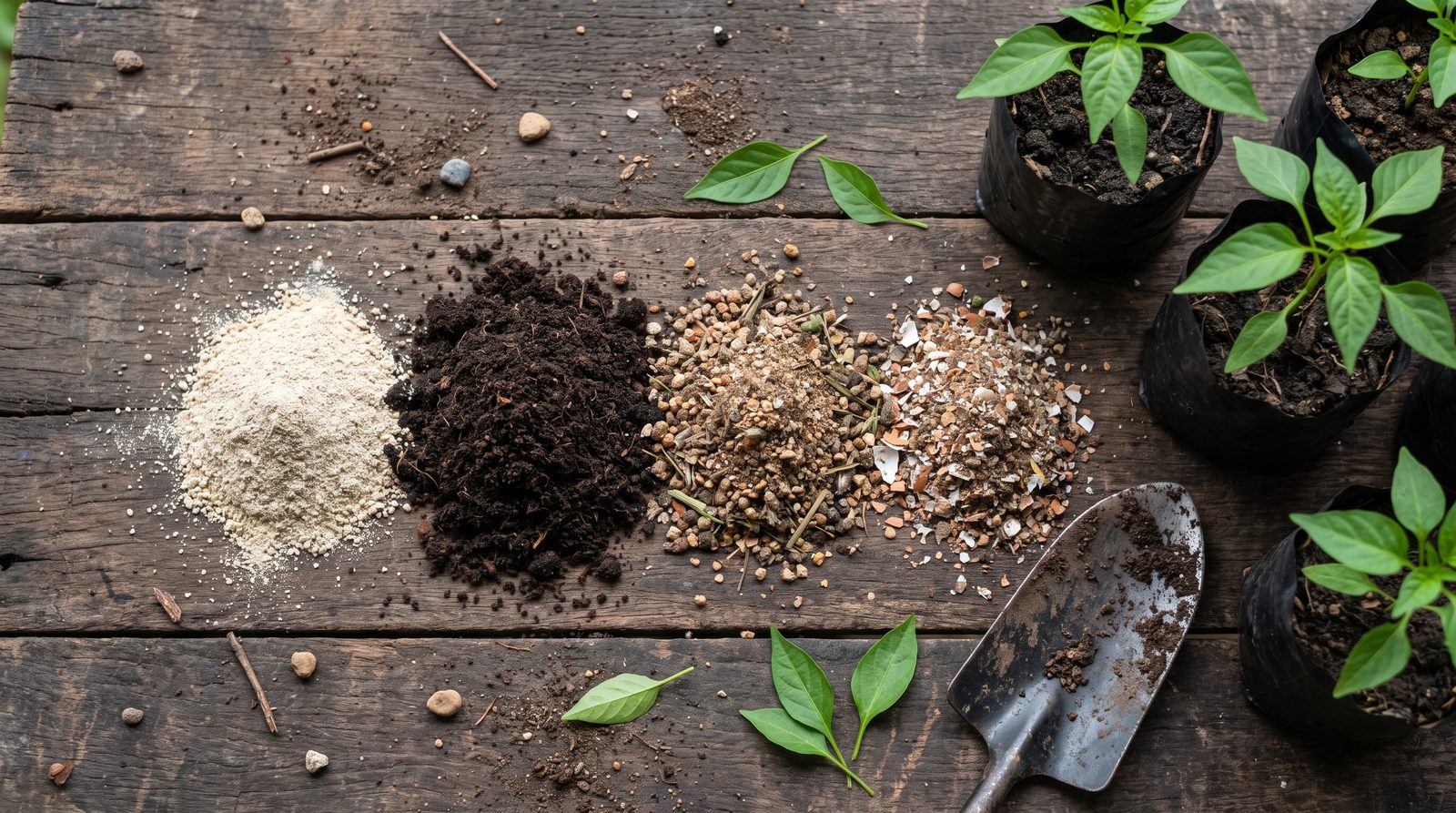 Four types of organic fertilizer beside young chili seedlings in polybags, showing different feeds for different growth stages.