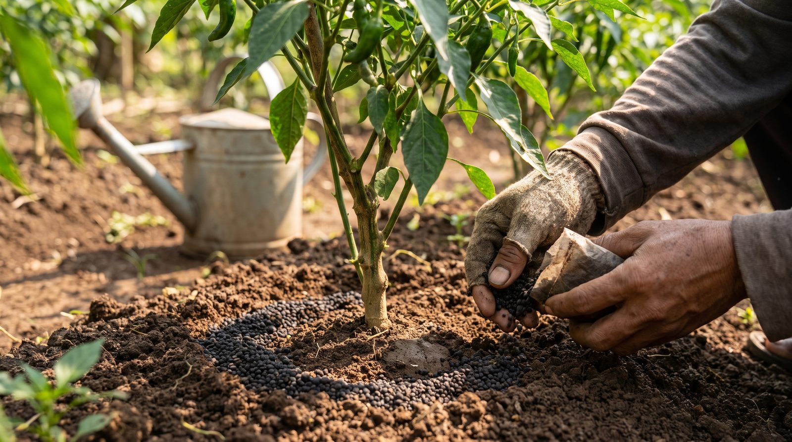 A grower side-dressing a chili plant by scattering organic fertilizer granules in a ring around the base.