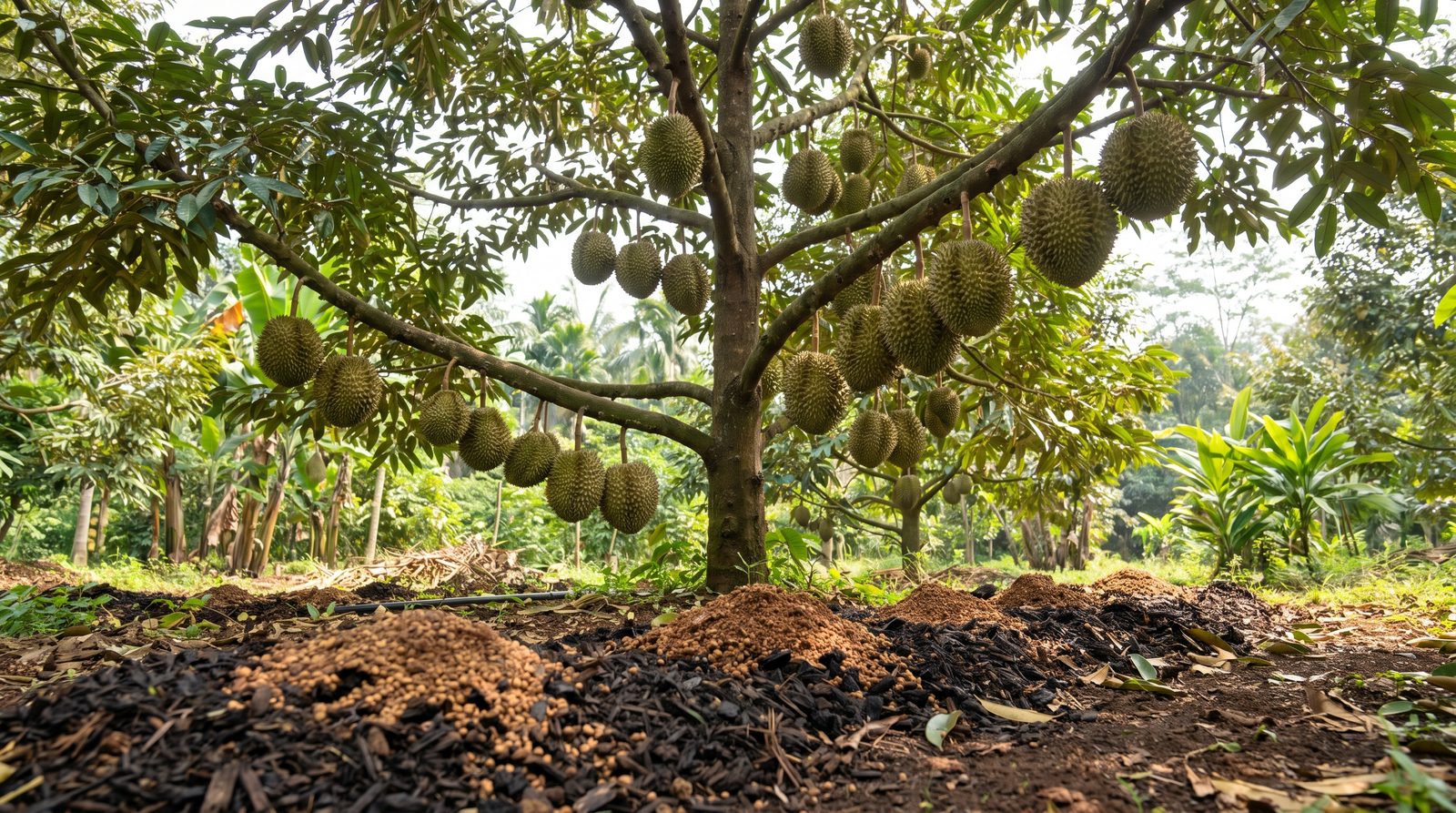 A fruiting durian tree with spiky green fruits and organic fertilizer spread along the drip line on mulched soil.