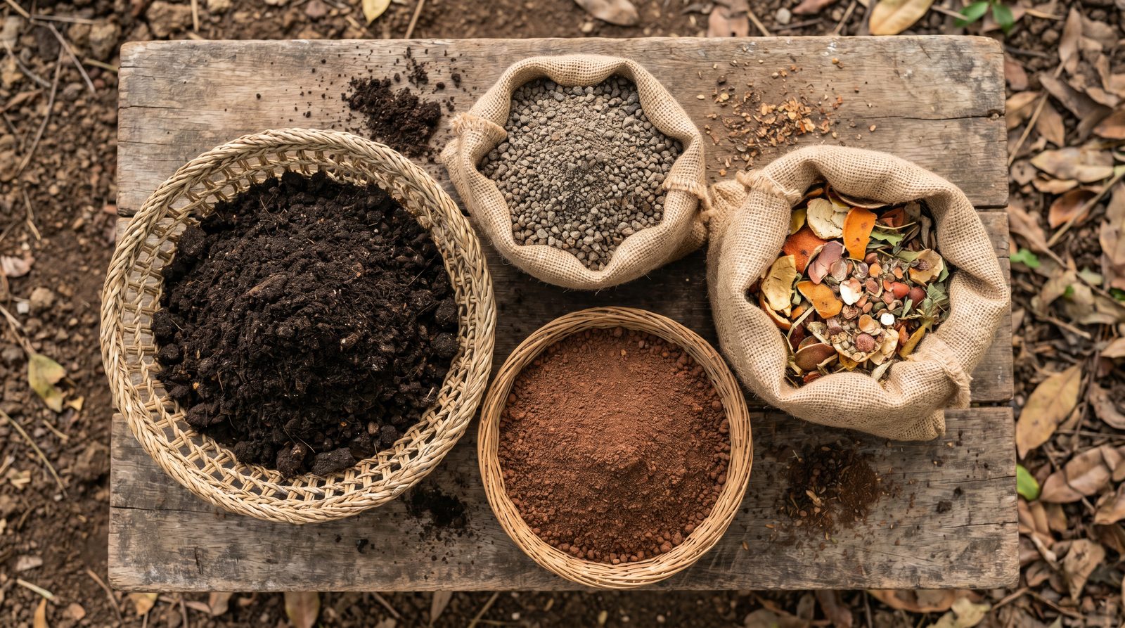 An overhead view of organic fertilizer materials, compost, guano, volcanic mineral amendment, and a fruit blend, in baskets on a wooden surface.