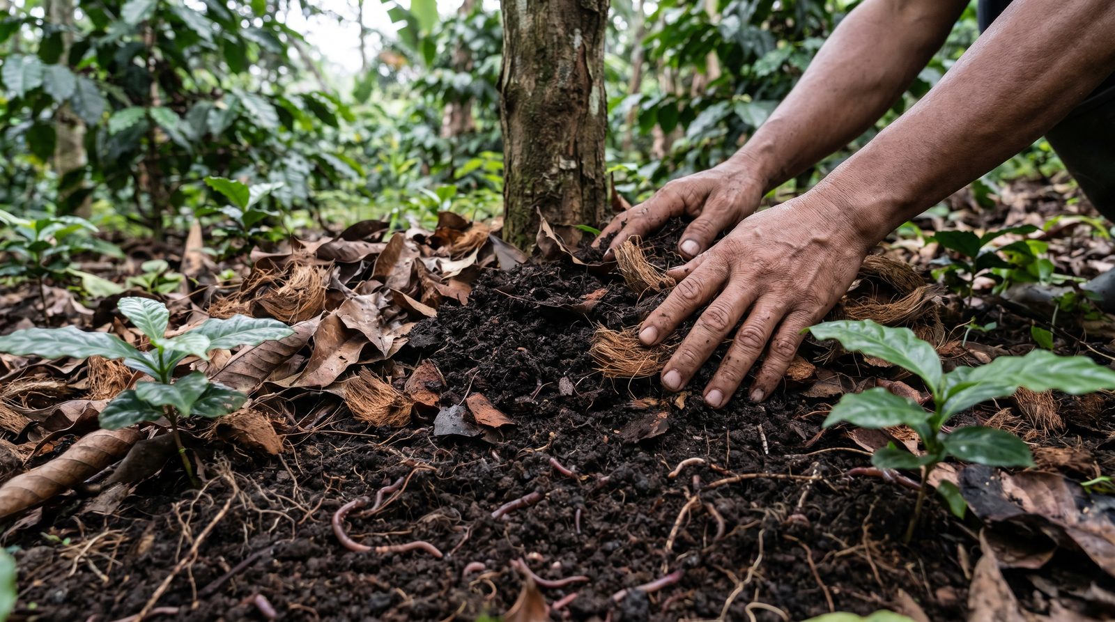 Hands spreading compost and leaf-litter mulch around the root zone of a coffee tree in dark healthy soil.