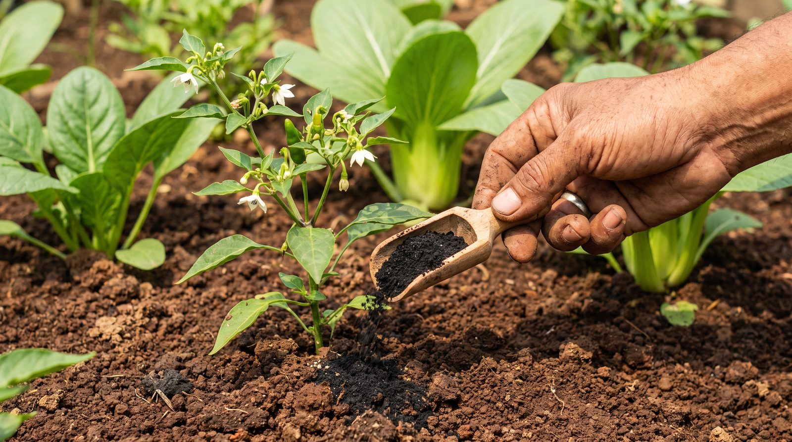 A gardener side-dresses guano around the base of a flowering chilli plant with small green chillies in an Indonesian garden.