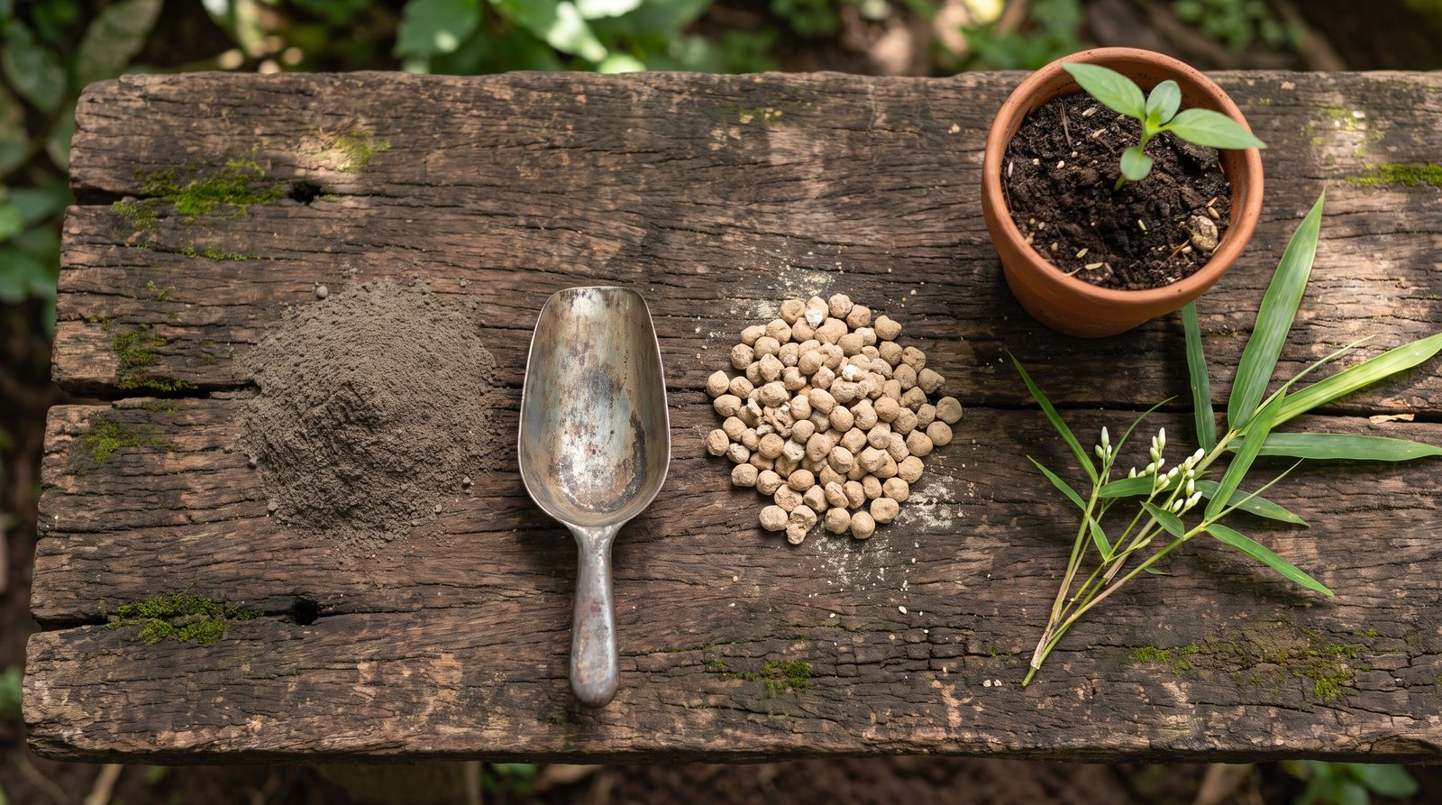 Overhead view of Bat Guano powder, Seabird Guano pellets, a scoop, a seedling, and a budding sprig arranged on weathered wood.